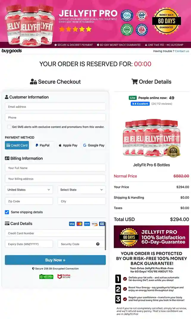 JellyFit Pro 6 bottle 180-day advanced keto supply with 60-day guarantee and free US shipping
